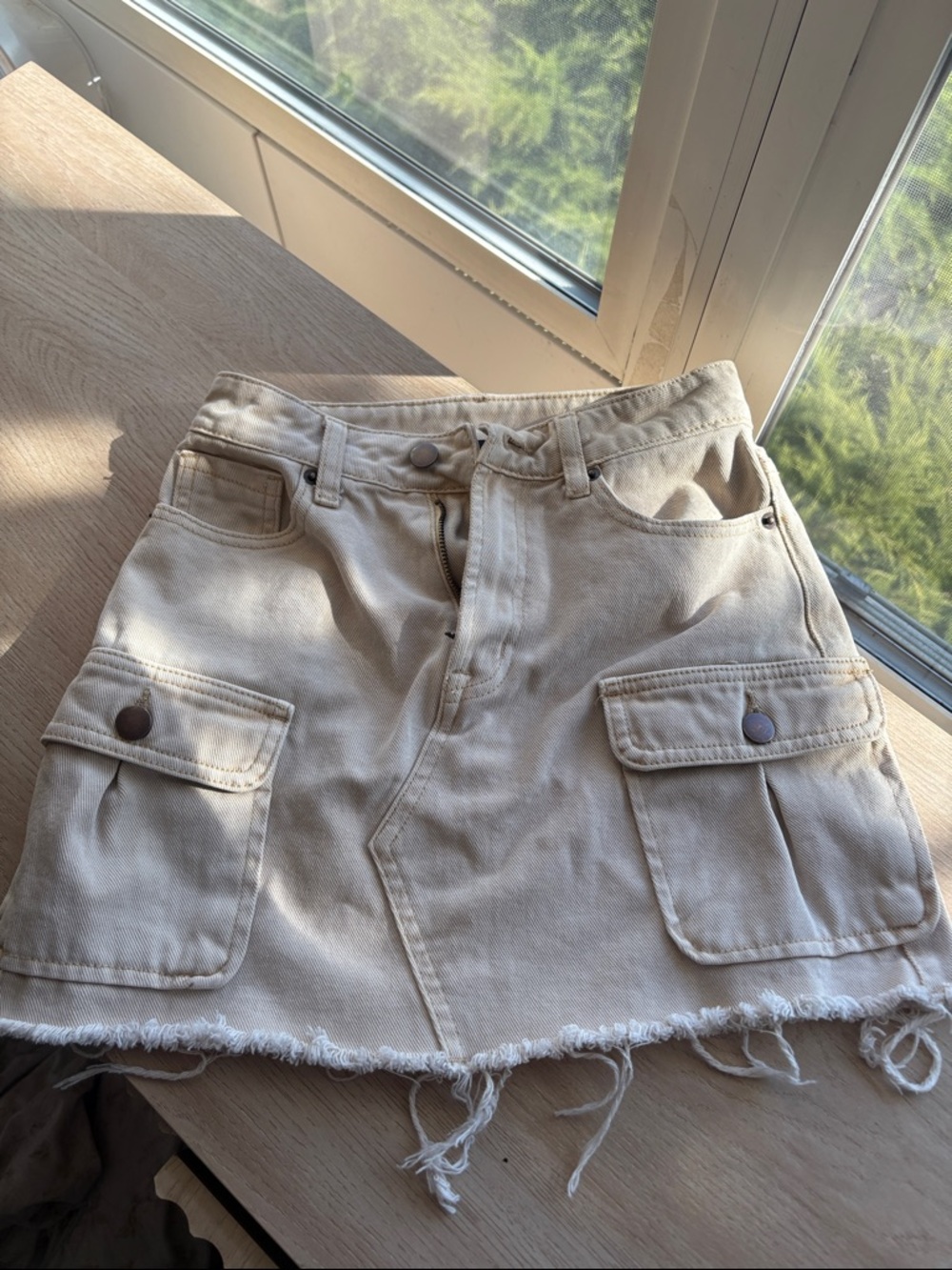 Blu Pepper Beige Cargo Denim Skort with Frayed Hem